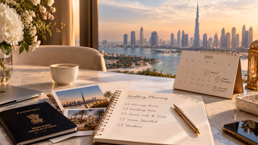 Dubai wedding planning checklist with venue and travel documents