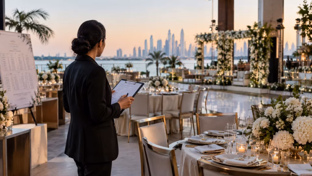 Wedding professional reviewing a Dubai reception setup
