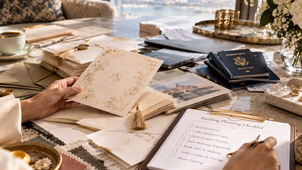 Wedding invitations, passports and planning paperwork