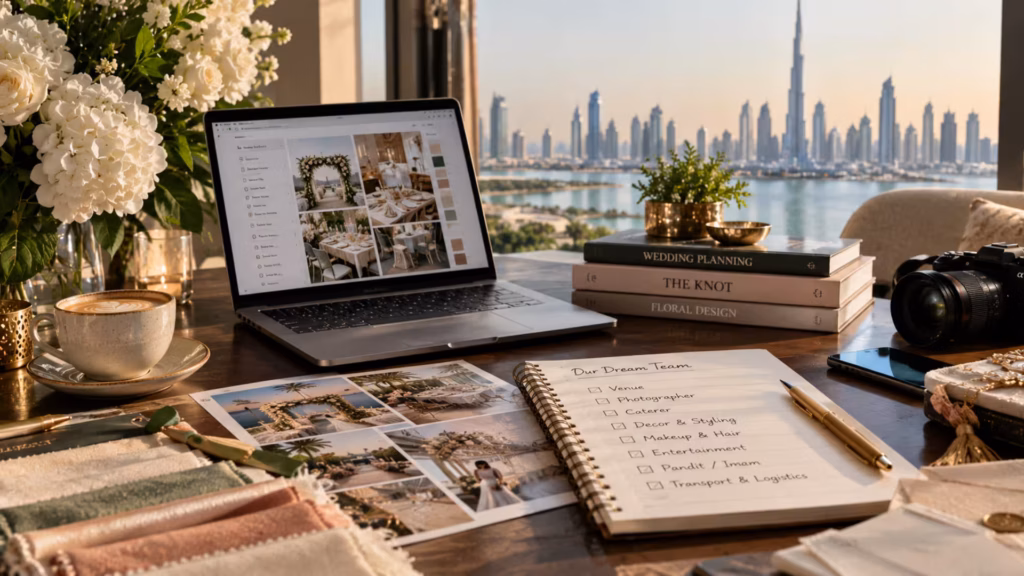 Dubai wedding planning workspace with vendor checklist and venue photos